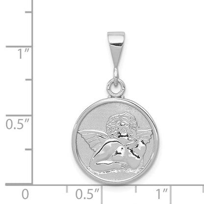 14K White Gold Polished and Satin Angel Round Pendant