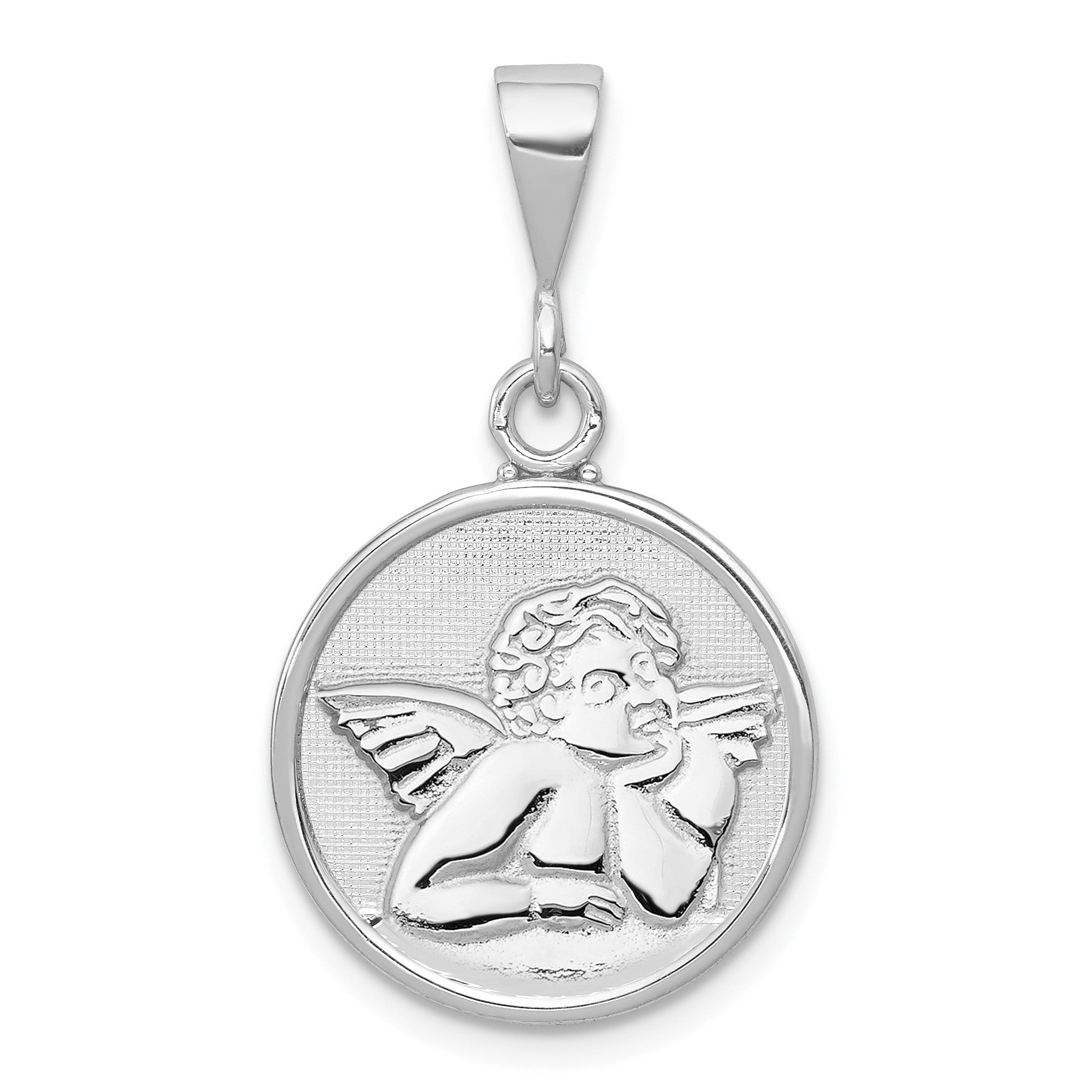 14K White Gold Polished and Satin Angel Round Pendant