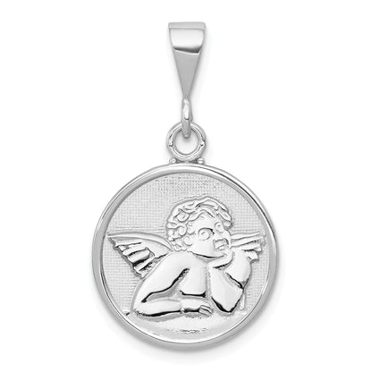 14K White Gold Polished and Satin Angel Round Pendant