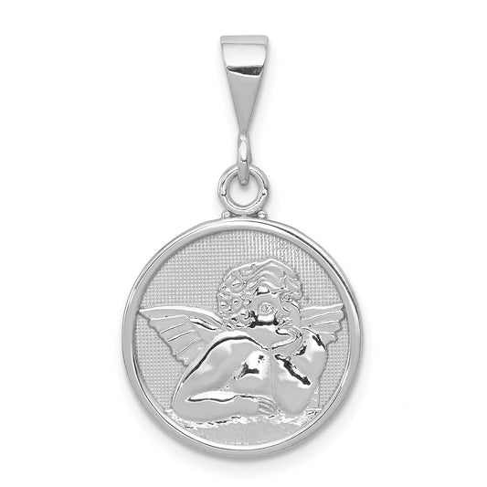 14K White Gold Polished and Satin Angel Round Pendant