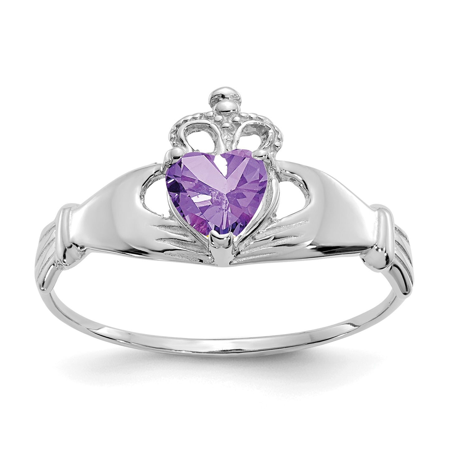 14k White Gold CZ February Birthstone Claddagh Heart Ring