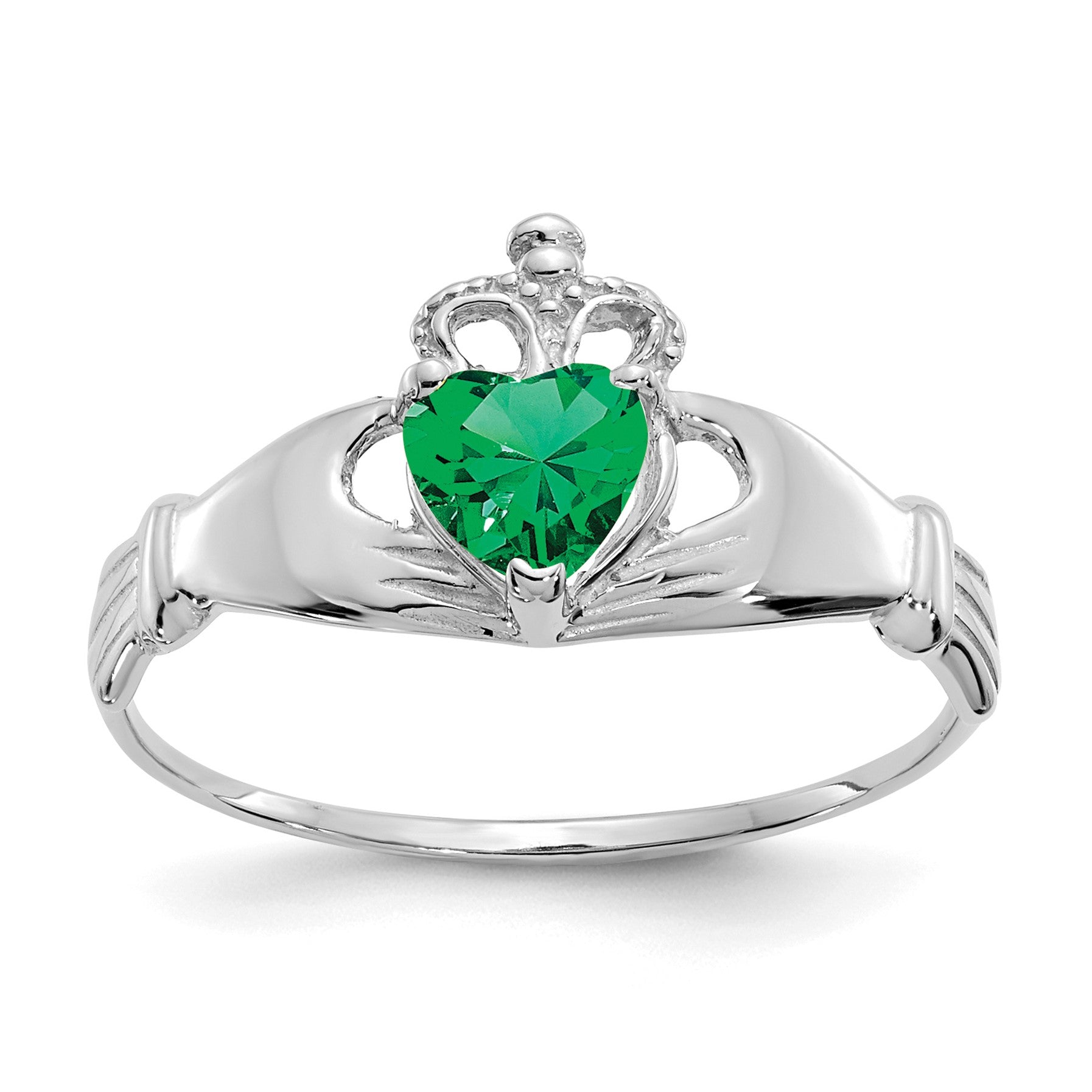 14k White Gold CZ May Birthstone Claddagh Heart Ring
