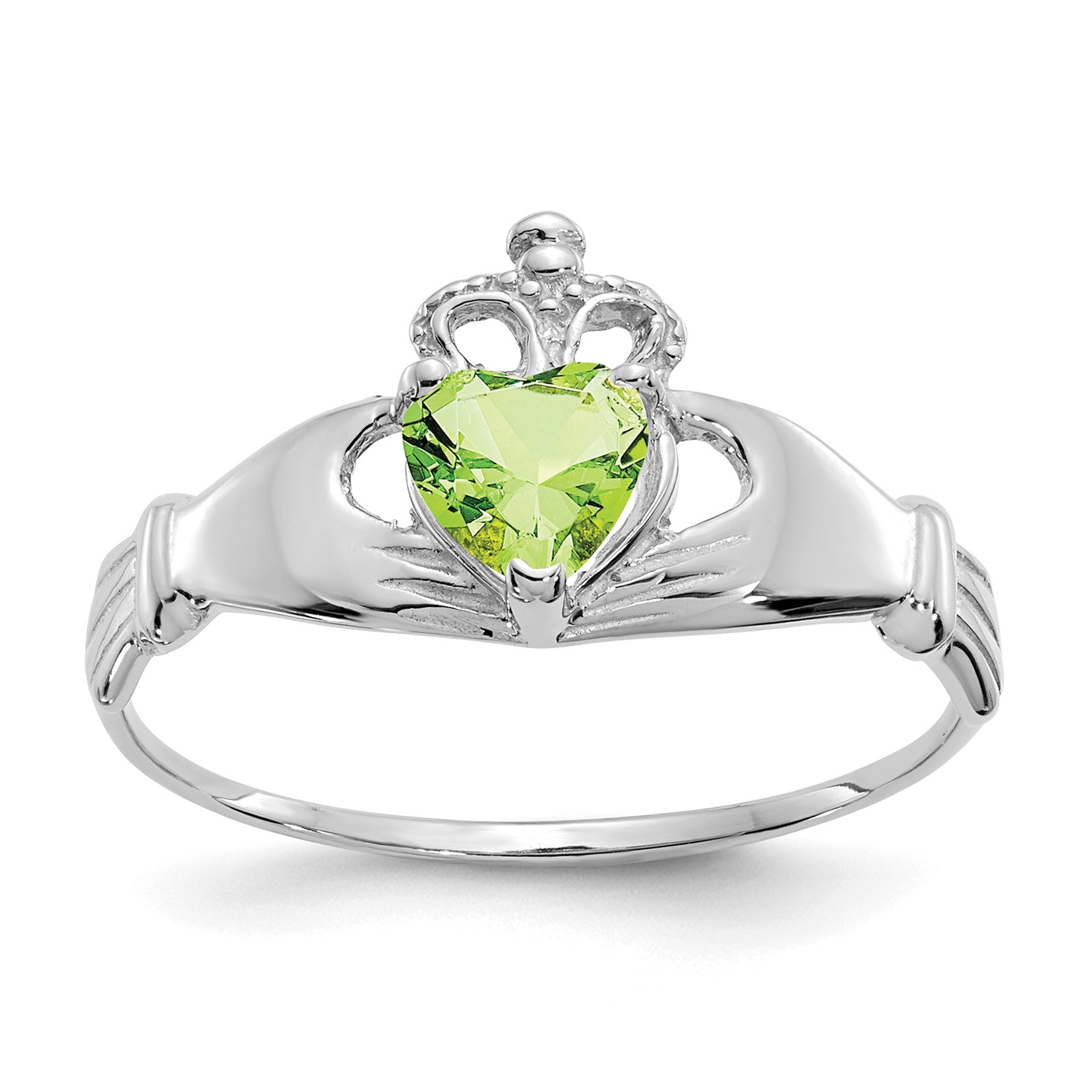 14k White Gold CZ August Birthstone Claddagh Heart Ring
