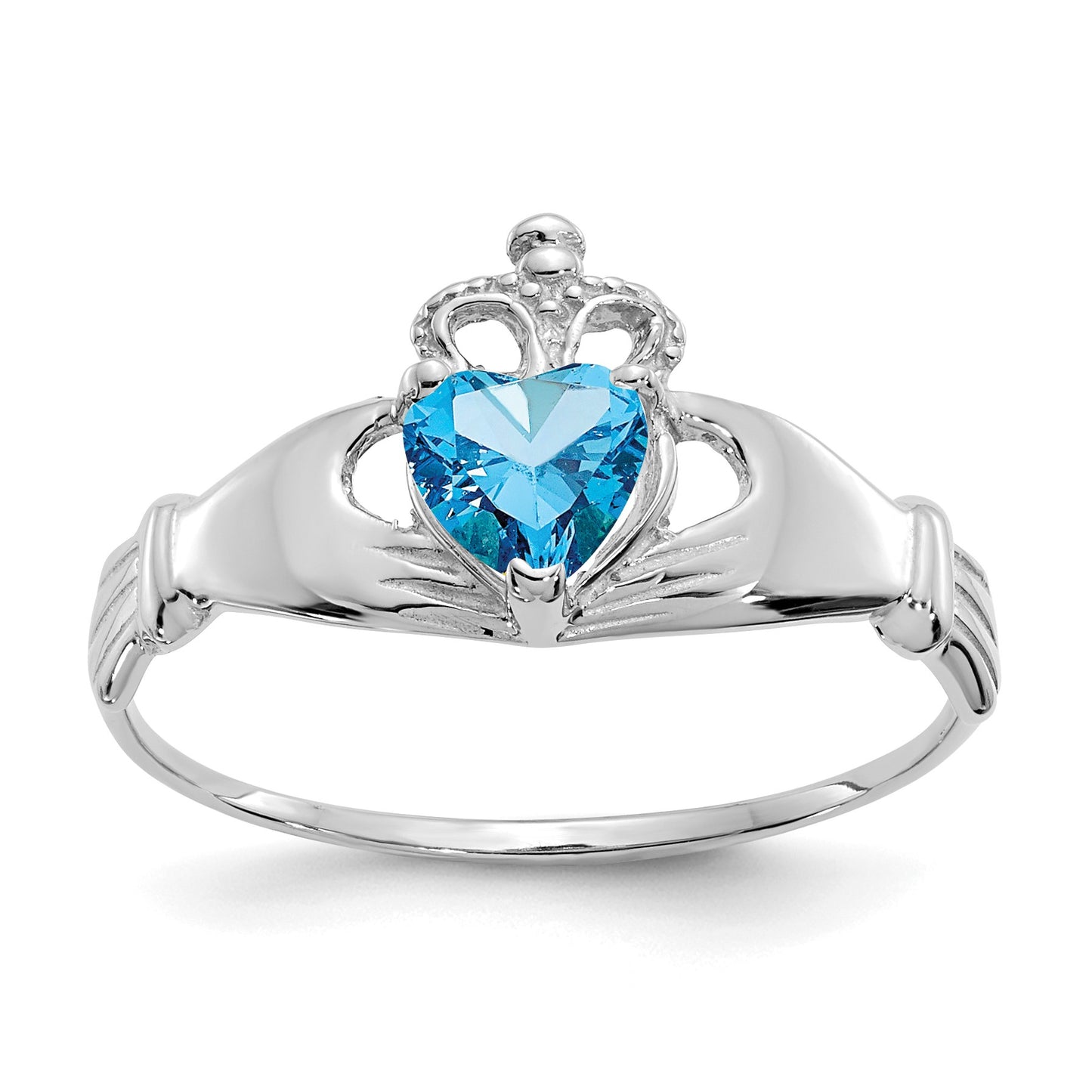 14k White Gold CZ December Birthstone Claddagh Heart Ring