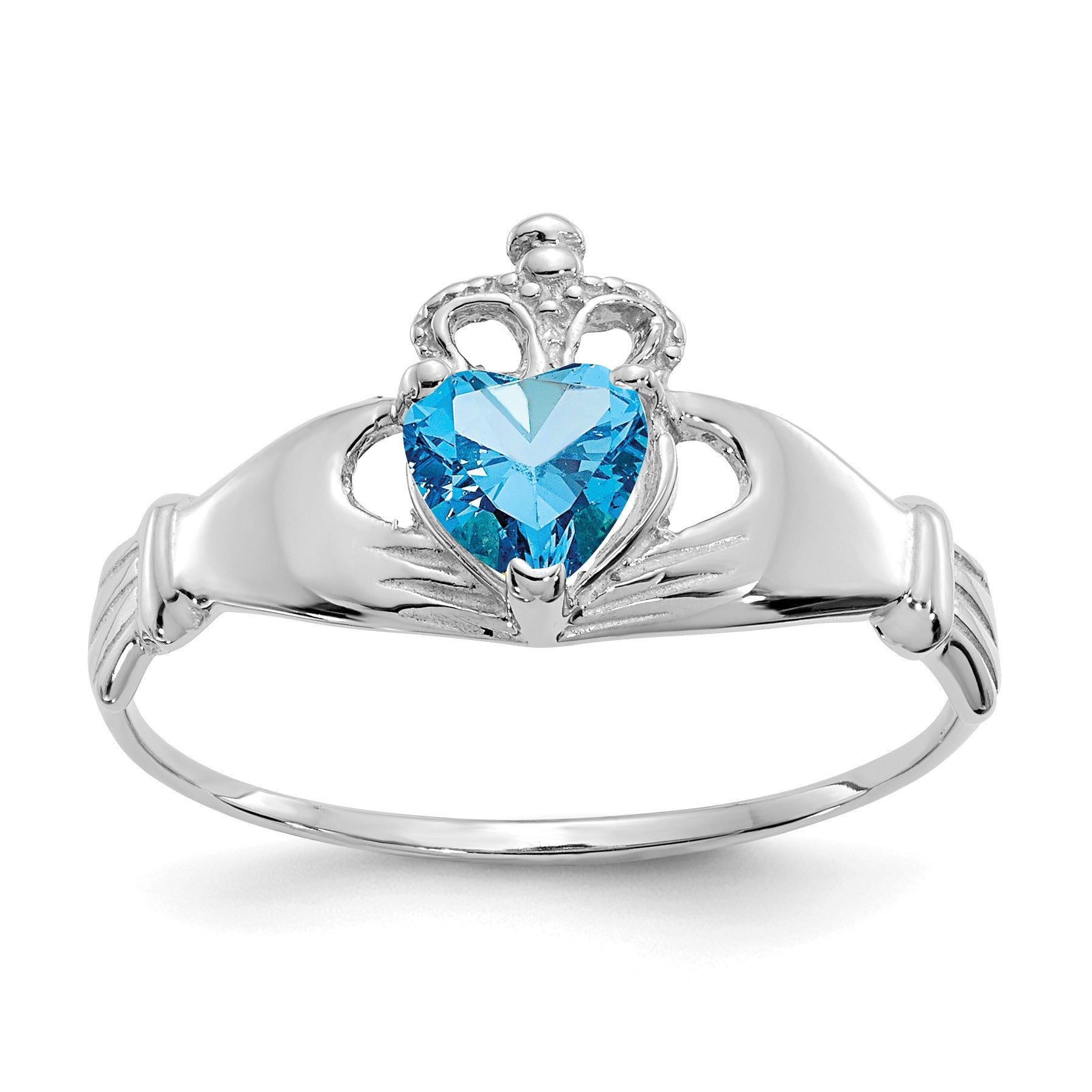 14k White Gold CZ December Birthstone Claddagh Heart Ring