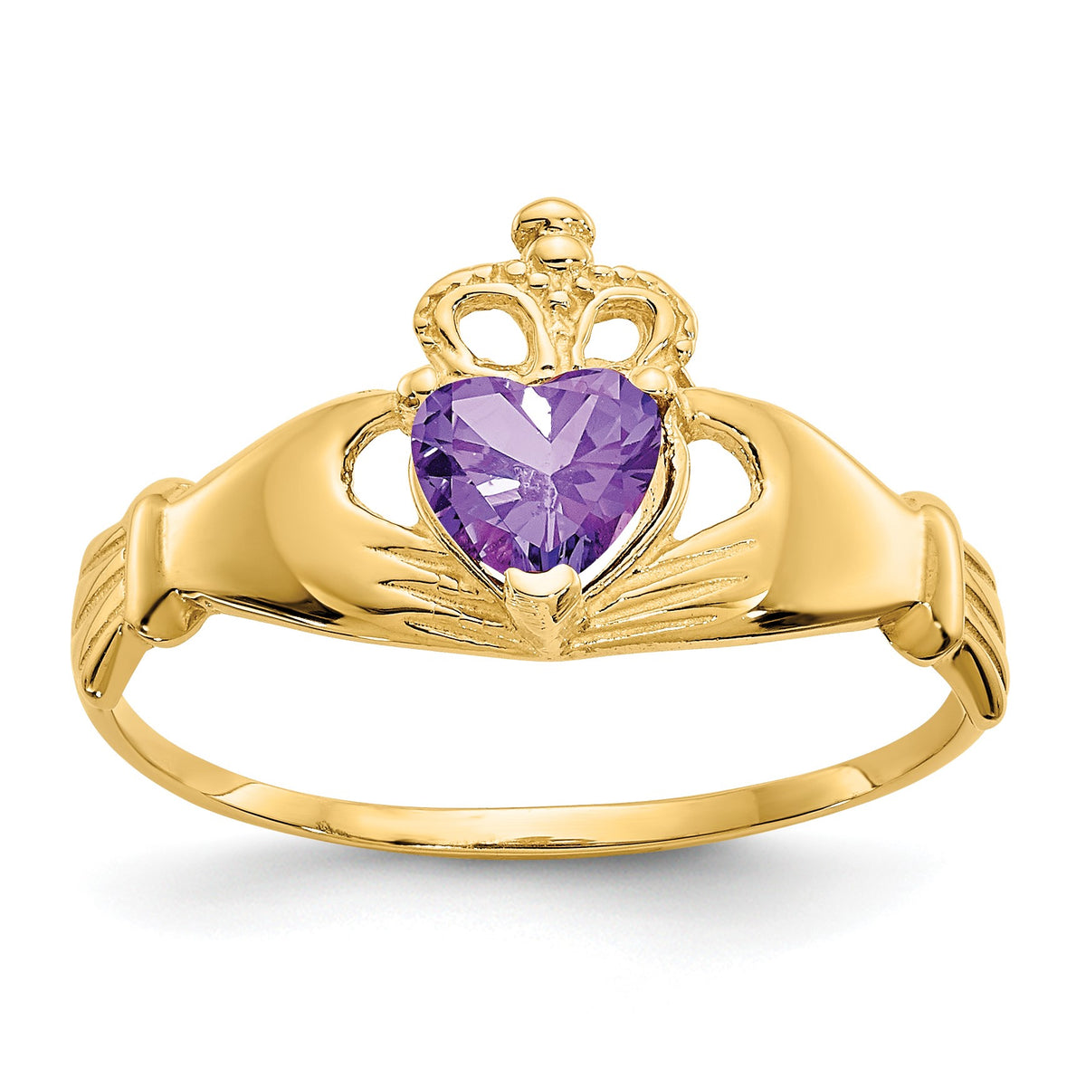 14k CZ February Birthstone Claddagh Heart Ring