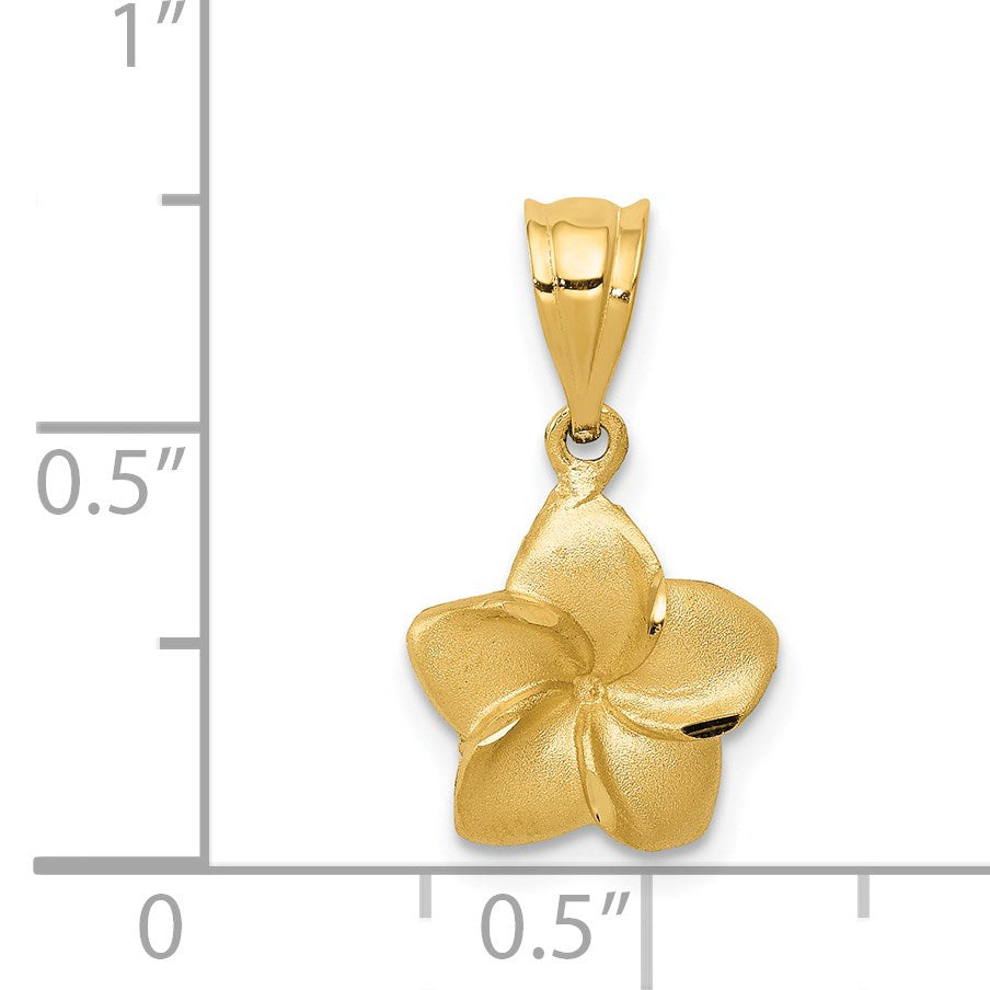 14k Satin Diamond-cut Plumeria Floral Charm Pendant