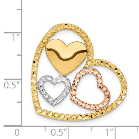14K Yellow and Rose Gold with White Rhodium Triple Heart Chain Slide