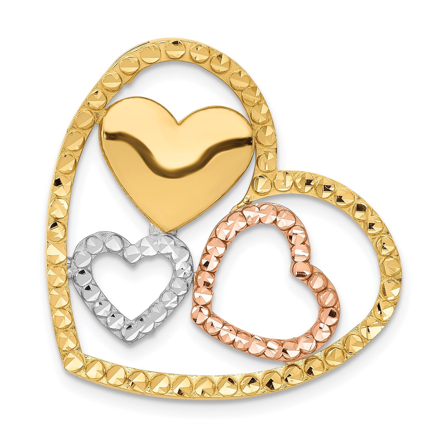 14K Yellow and Rose Gold with White Rhodium Triple Heart Chain Slide