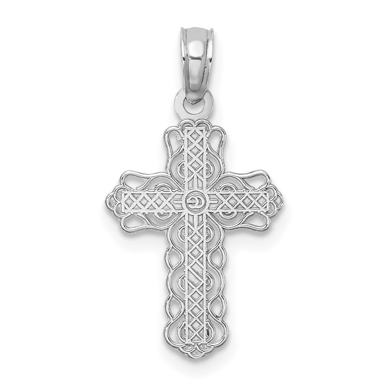 14K White Gold with Lacey Trim and Polished Center Cross Charm