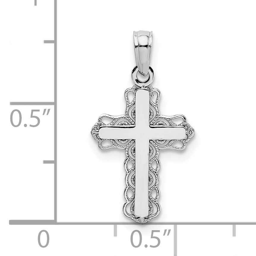 14K White Gold with Lacey Trim and Polished Center Cross Charm