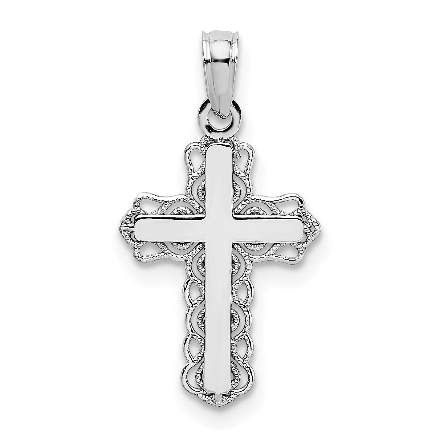 14K White Gold with Lacey Trim and Polished Center Cross Charm