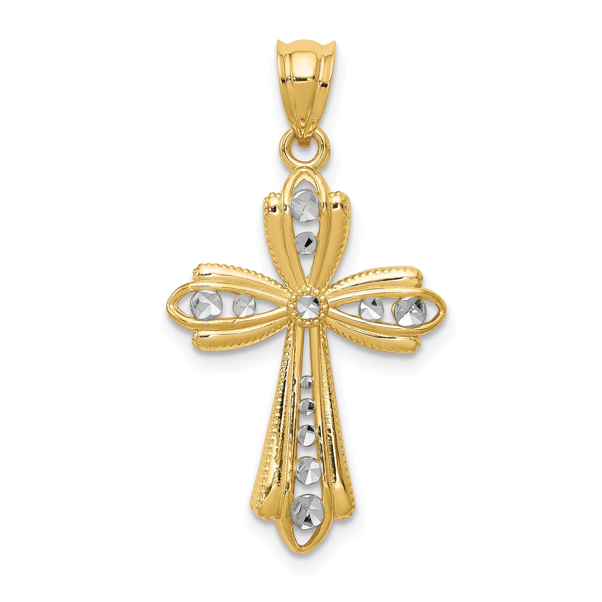 14K with White Rhodium Diamond Cut Cross Charm