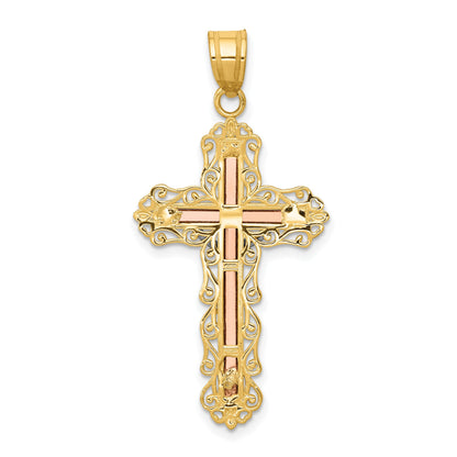 14K Tri-color Diamond-cut Filigree Crucifix Pendant