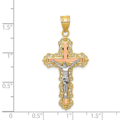 14K Tri-color Diamond-cut Filigree Crucifix Pendant