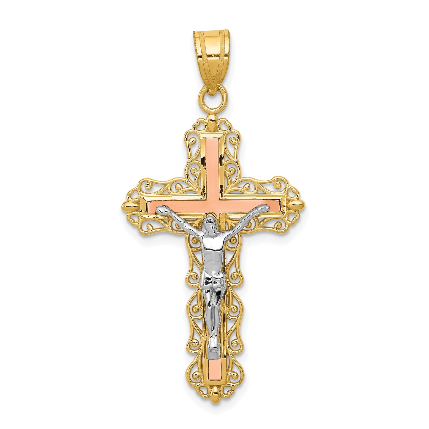 14K Tri-color Diamond-cut Filigree Crucifix Pendant