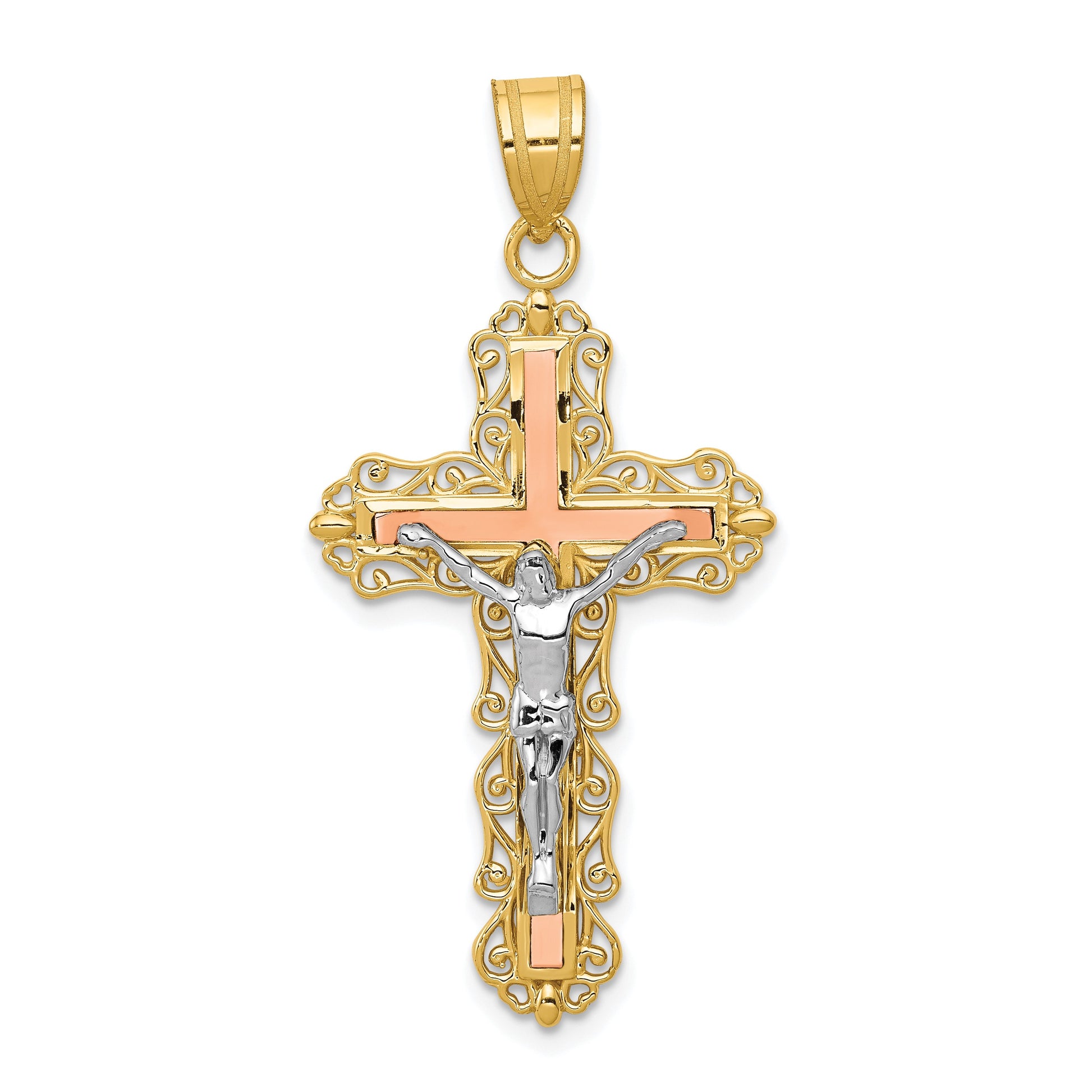 14K Tri-color Diamond-cut Filigree Crucifix Pendant