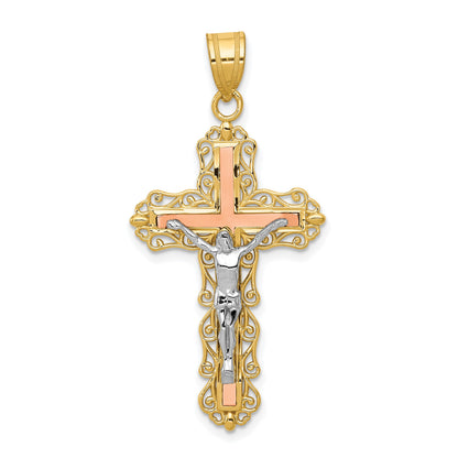 14K Tri-color Diamond-cut Filigree Crucifix Pendant