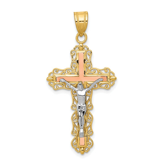 14K Tri-color Diamond-cut Filigree Crucifix Pendant