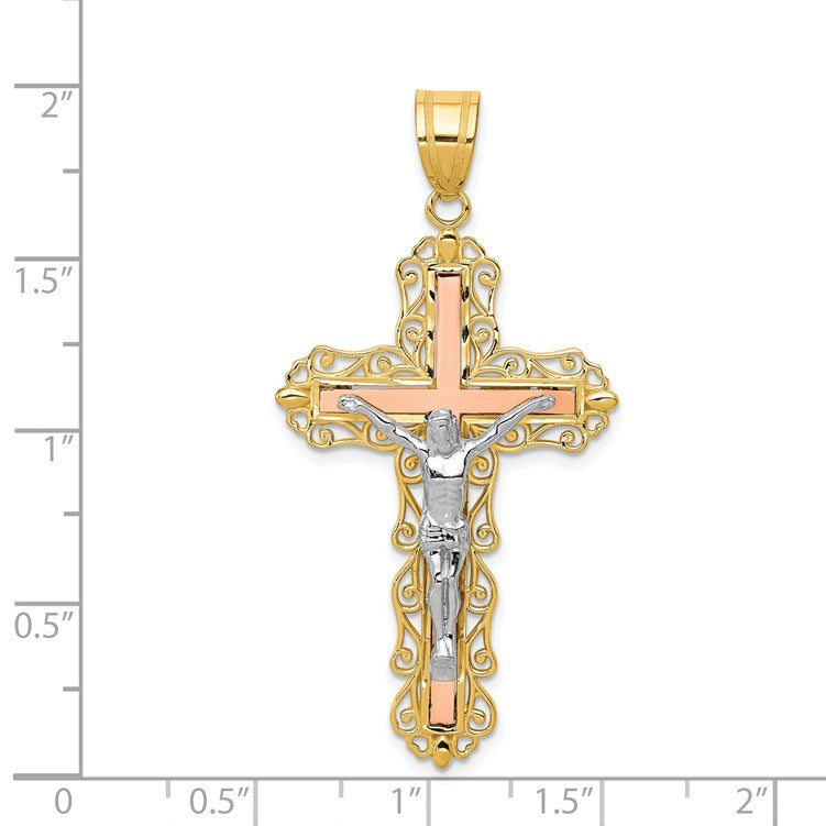 14K Tri-color Diamond-cut Filigree Crucifix Pendant