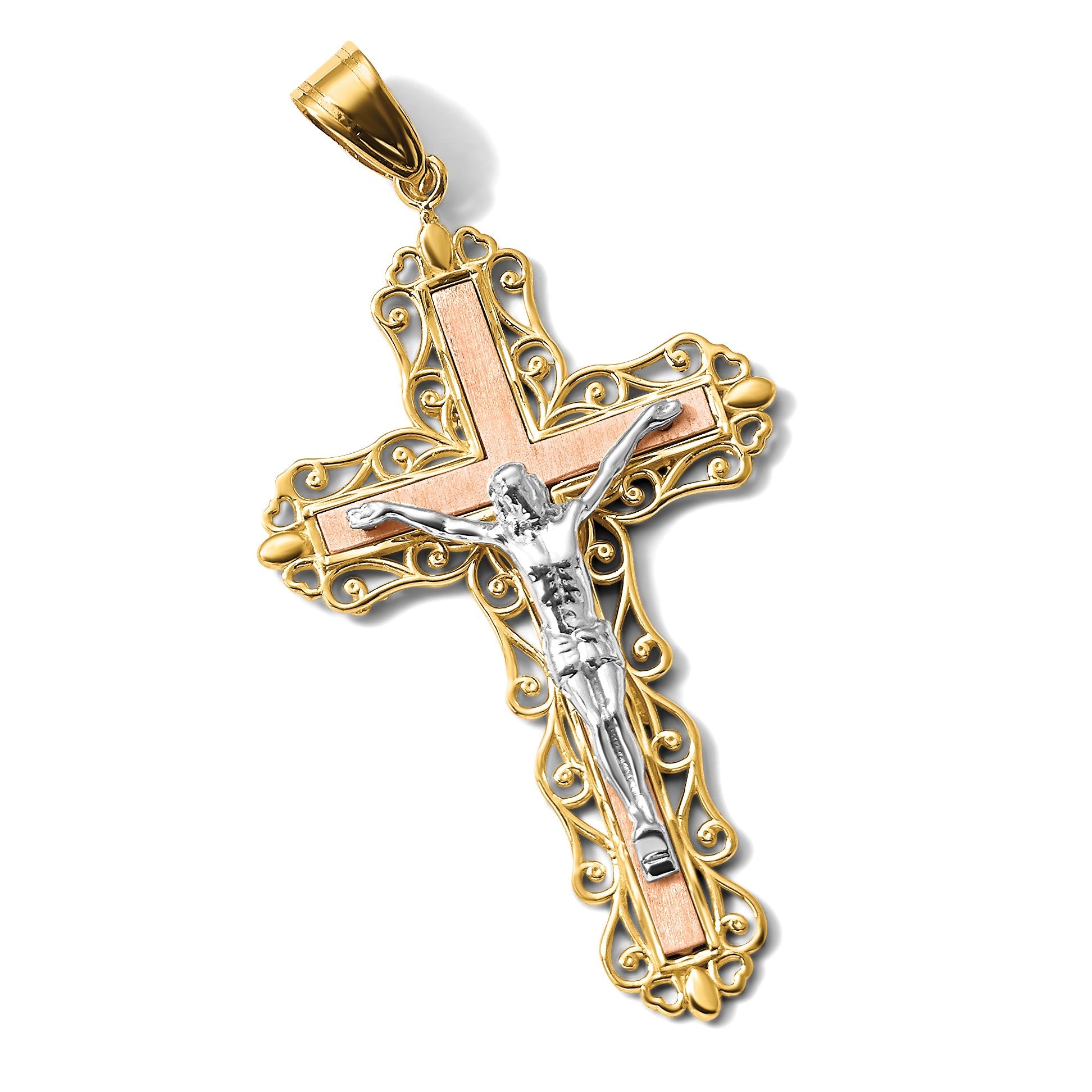 14K Tri-color Diamond-cut Filigree Crucifix Pendant