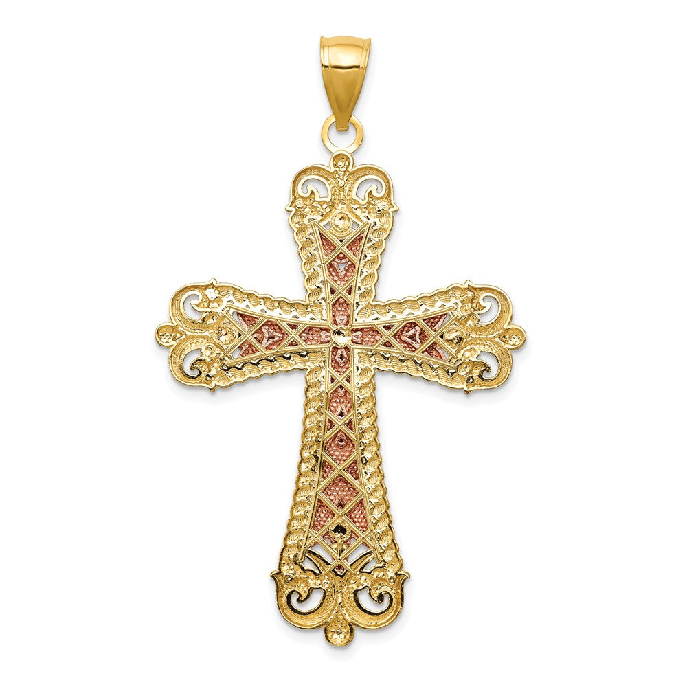 14K Tri-Color W/ White Rhodium Crucifix Cross Pendant