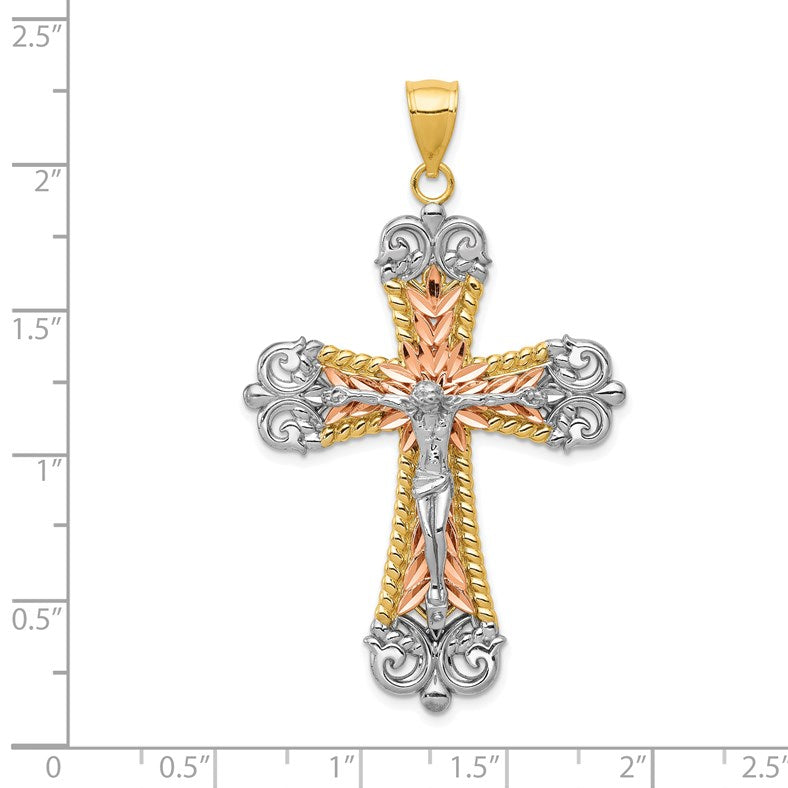 14K Tri-Color and White Rhodium Large Diamond-cut Crucifix Pendant