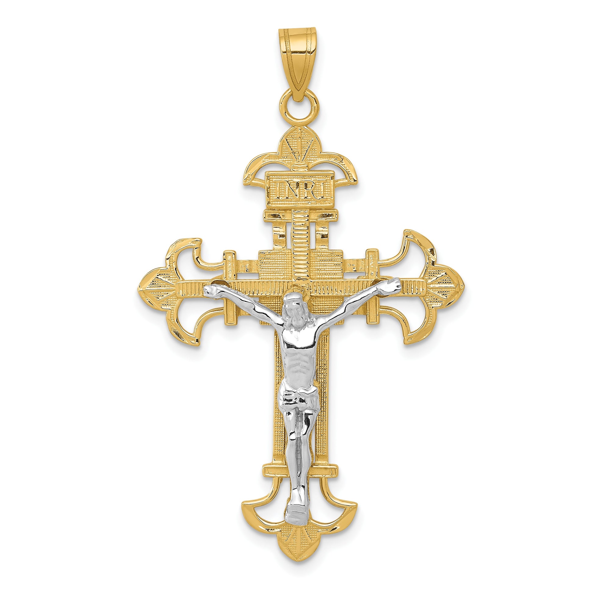 14K Two-tone INRI Fleur de Lis Crucifix Pendant