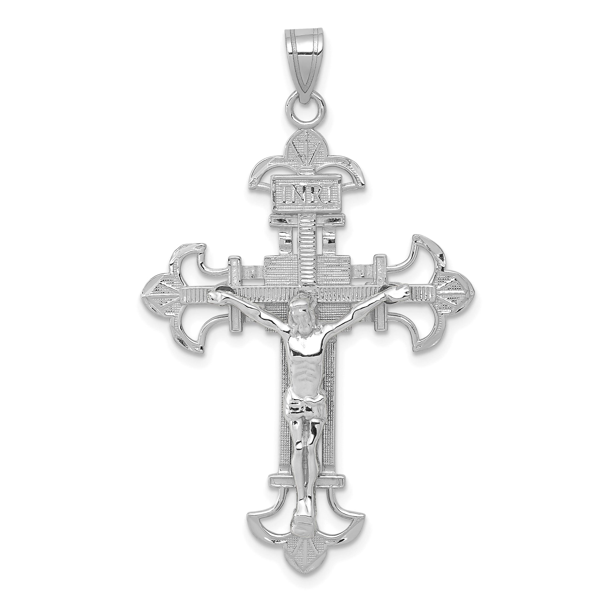 14K White Gold Inri Fleur de Lis Crucifix Pendant