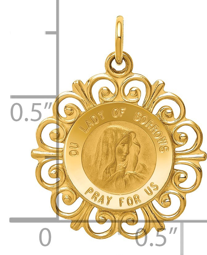 14k Polished and Satin Solid Our Lady of Sorrows Medal Scalloped Edge Round Pendant