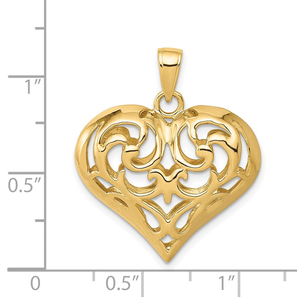 14K Polished 3-D Filigree Puffed Heart Pendant