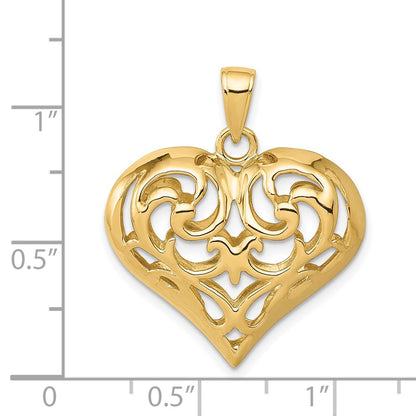 14K Polished 3-D Filigree Puffed Heart Pendant