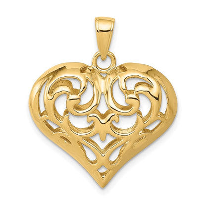 14K Polished 3-D Filigree Puffed Heart Pendant