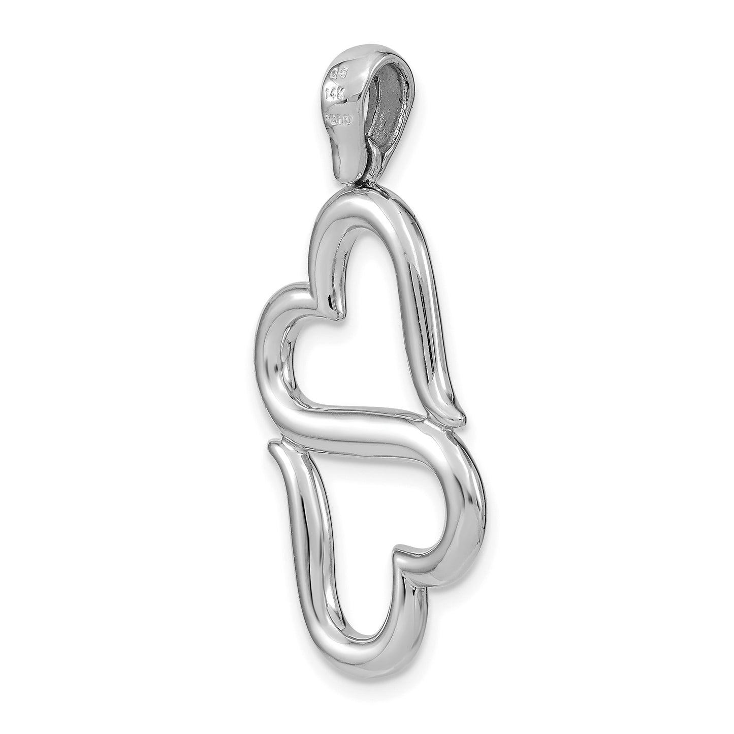 14K White Gold 3-D Solid Connected Double Hearts Pendant