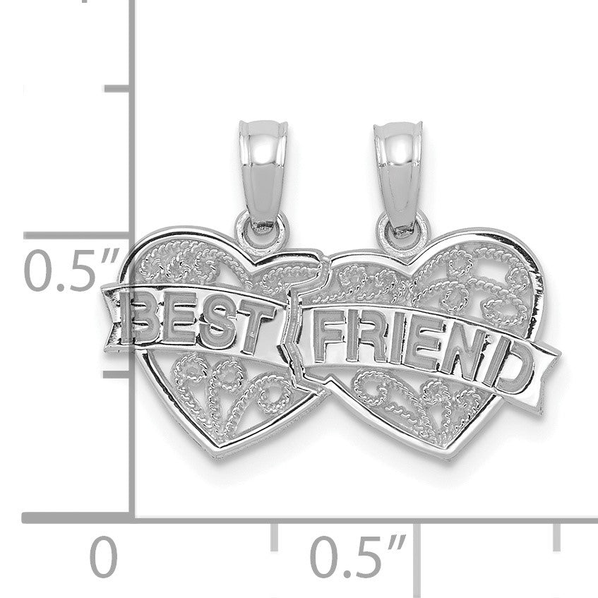 14K White Gold BEST FRIEND 2-Piece Break-apart Double Hearts Pendant
