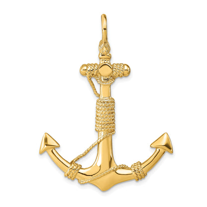 14K Large 3-D Solid Anchor with Wrapped Rope with Shackle Bail Pendant