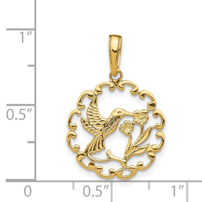 14K Hummingbird with Flower Round Scalloped Frame Pendant