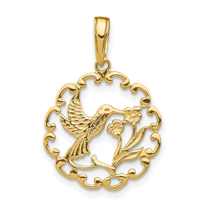 14K Hummingbird with Flower Round Scalloped Frame Pendant