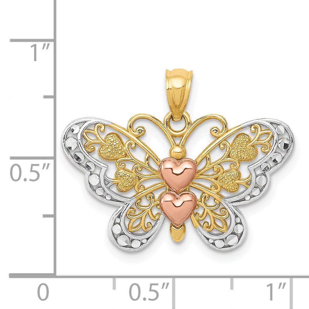 14k Two-tone with White Rhodium Butterfly with Hearts Pendant