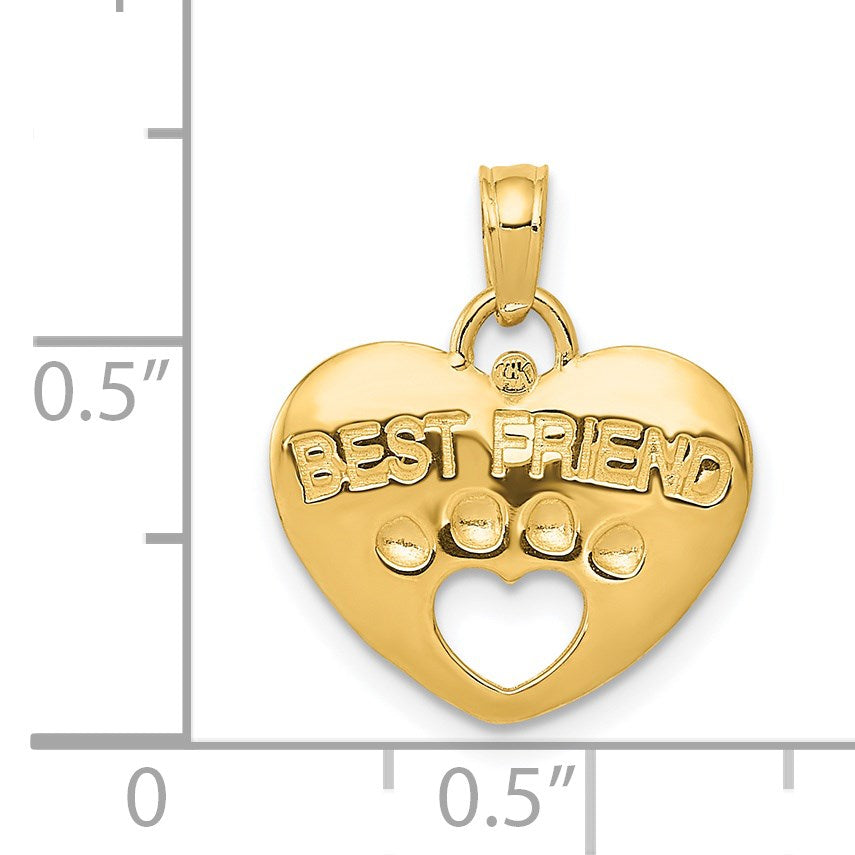14K BEST FRIEND on Heart with Cut-Out Paw Print Pendant
