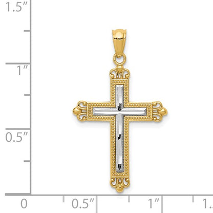 14K with White Rhodium Diamond Cut Cross Pendant