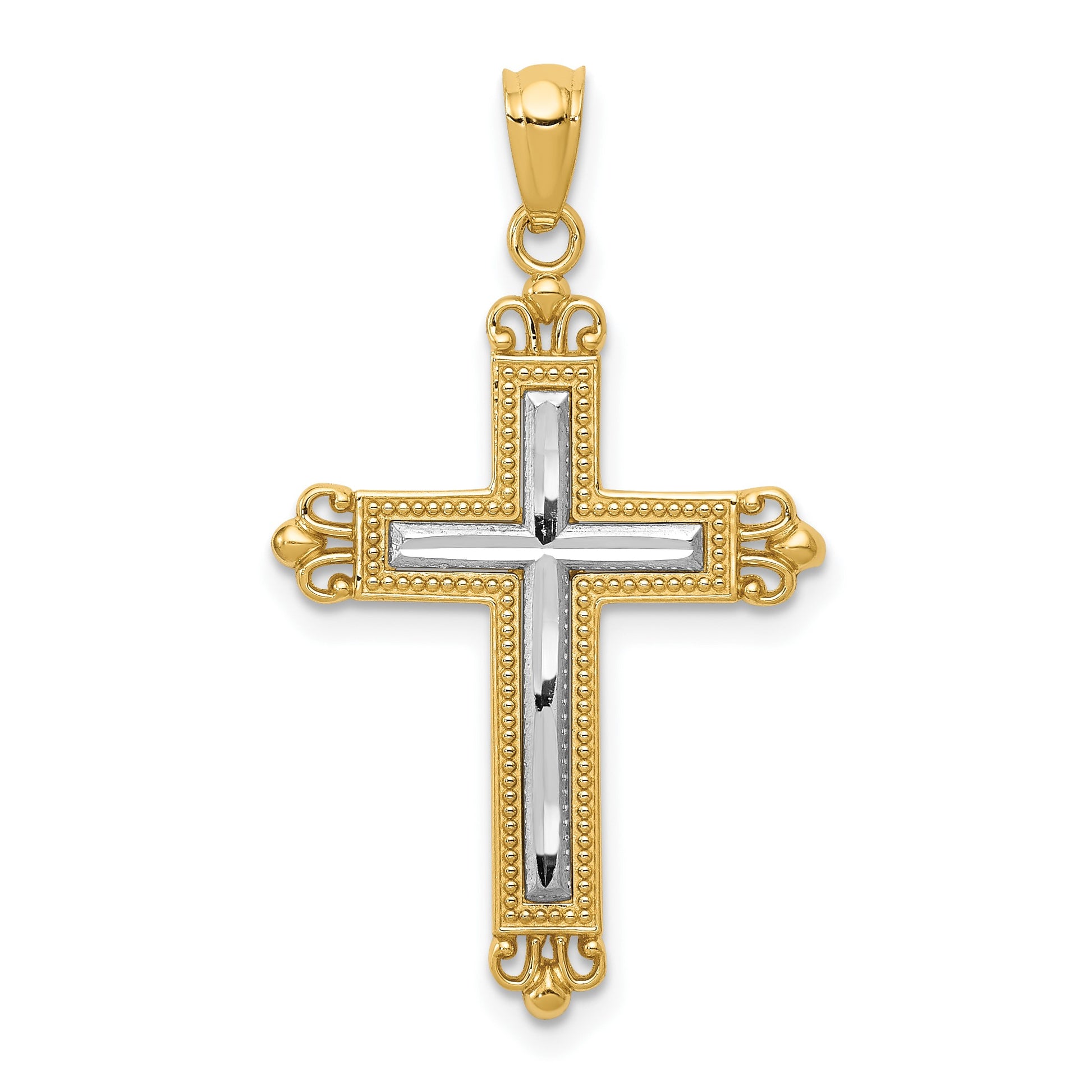 14K with White Rhodium Diamond Cut Cross Pendant