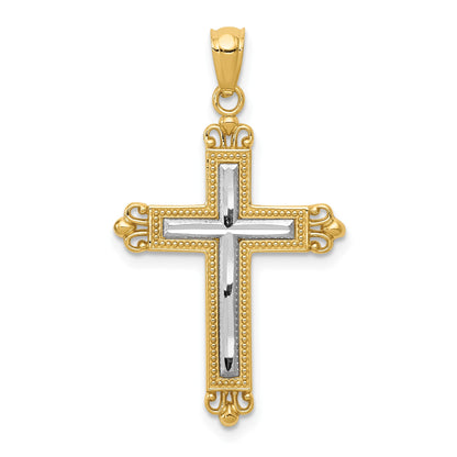 14K with White Rhodium Diamond Cut Cross Pendant