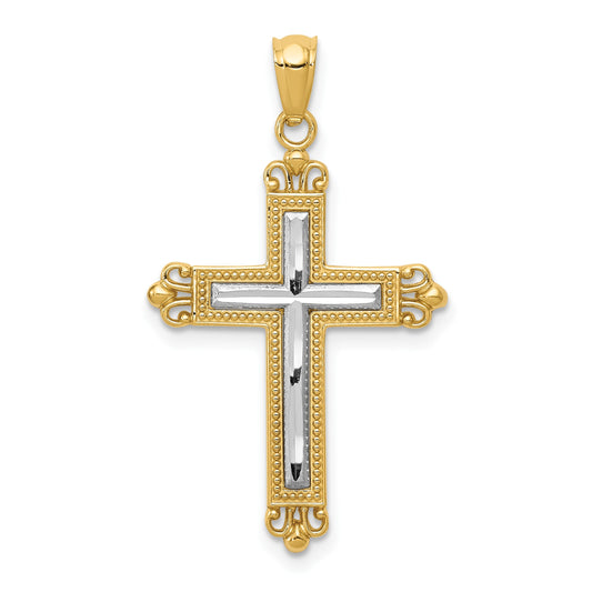 14K with White Rhodium Diamond Cut Cross Pendant