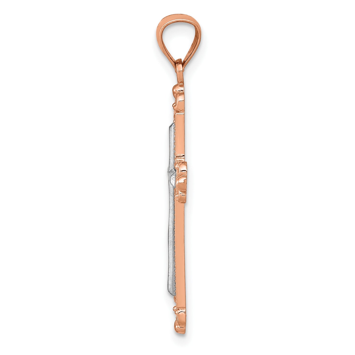 14K Rose Gold and White Rhodium Diamond-Cut Fleur de Lis Cross Pendant
