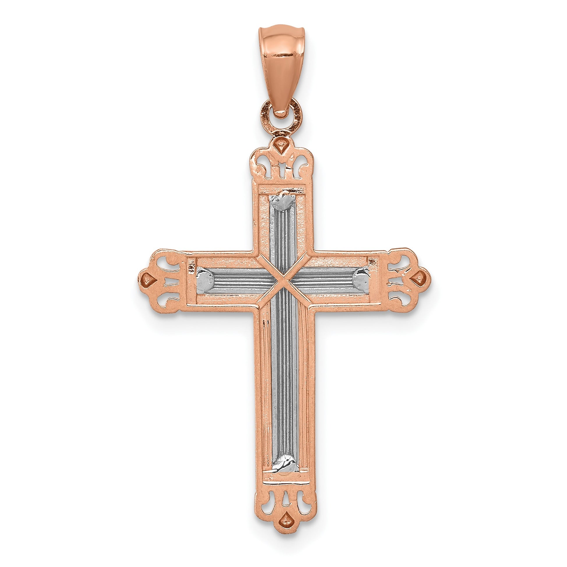 14K Rose Gold and White Rhodium Diamond-Cut Fleur de Lis Cross Pendant