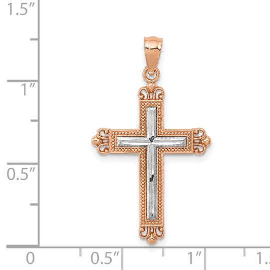 14K Rose Gold and White Rhodium Diamond-Cut Fleur de Lis Cross Pendant