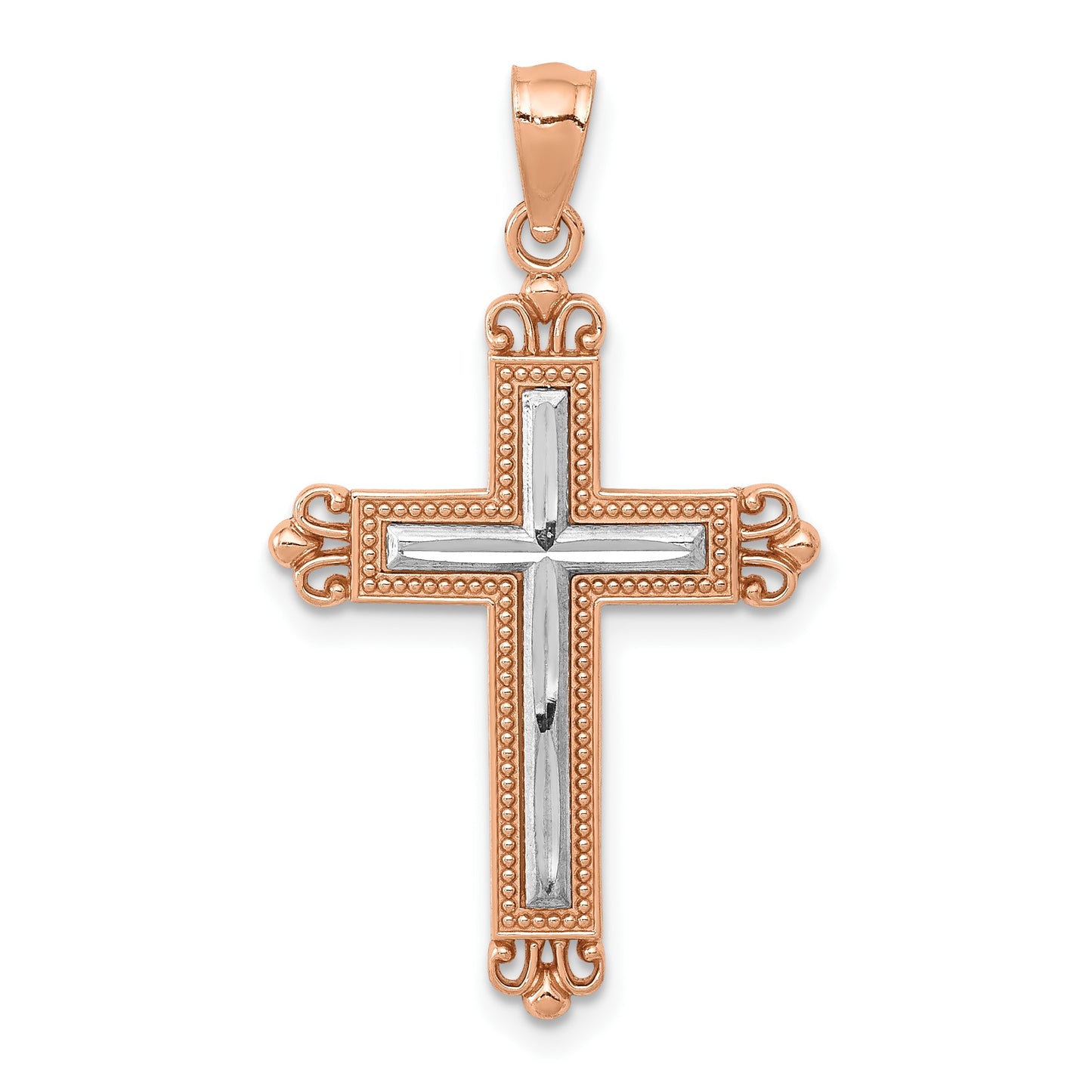 14K Rose Gold and White Rhodium Diamond-Cut Fleur de Lis Cross Pendant