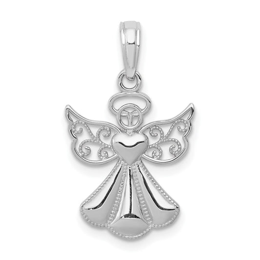 14K White Gold Polished/Textured Guardian Angel Heart Pendant