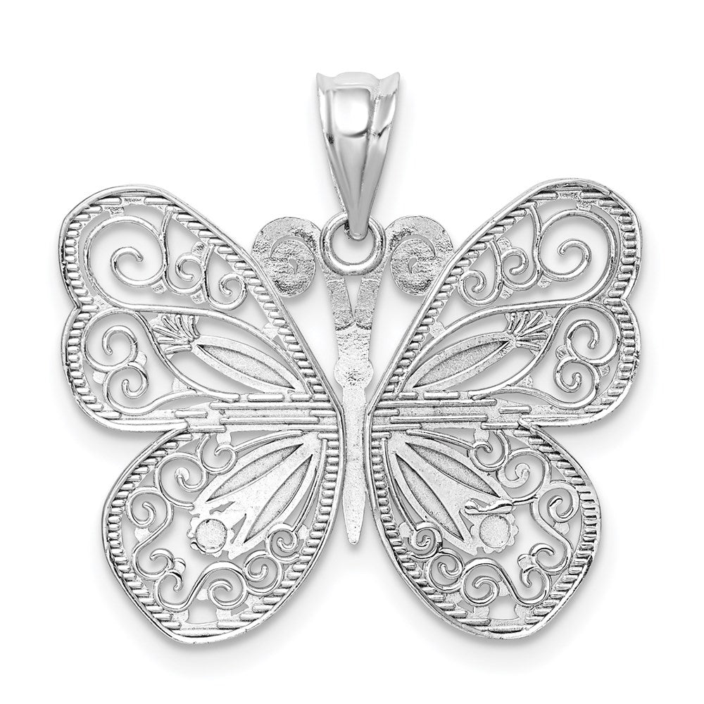 14K White Polished & Diamond-cut Butterfly Pendant